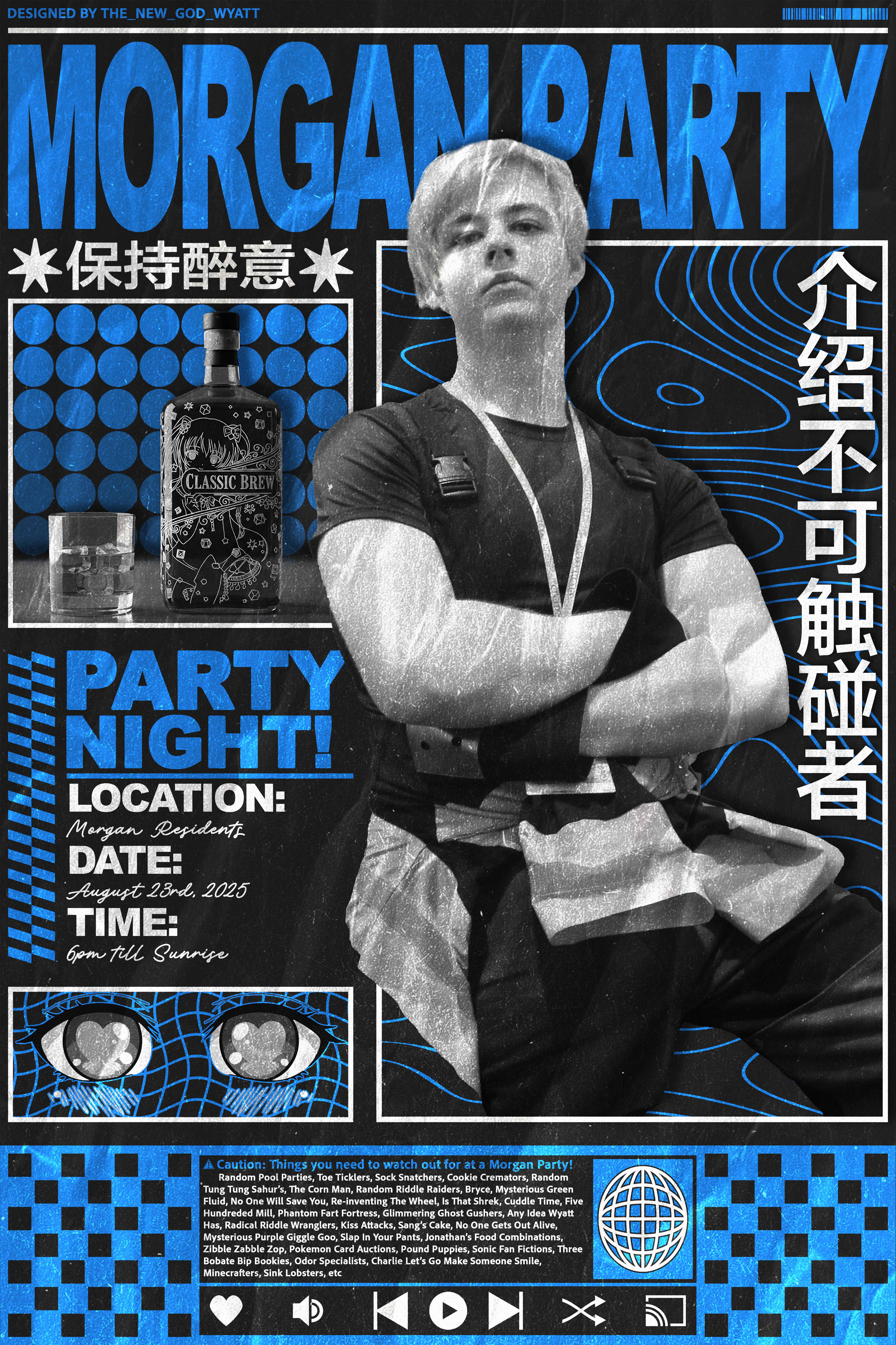 A blue version of the Morgan Party Poster